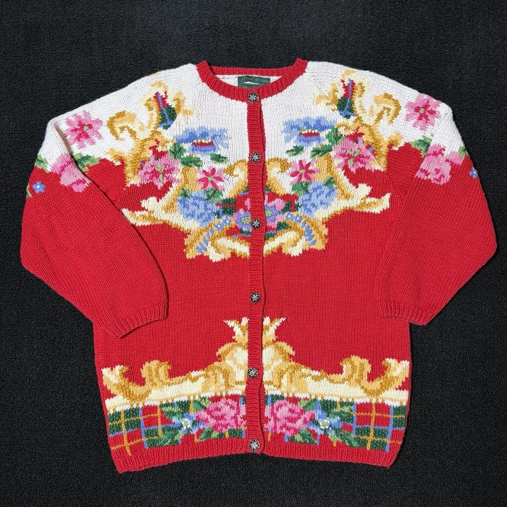 Cullinane Cardigan Sweater Womens L Red Floral Button Hand Knit Vintage Granny